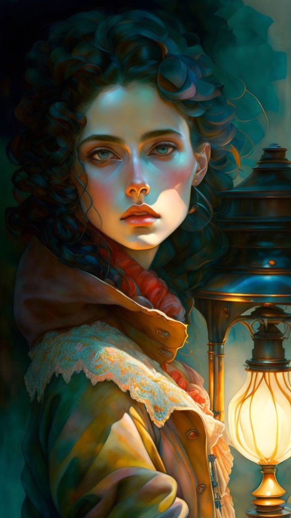 Digital painting of woman with curly hair holding lit lantern in warm light against dark background