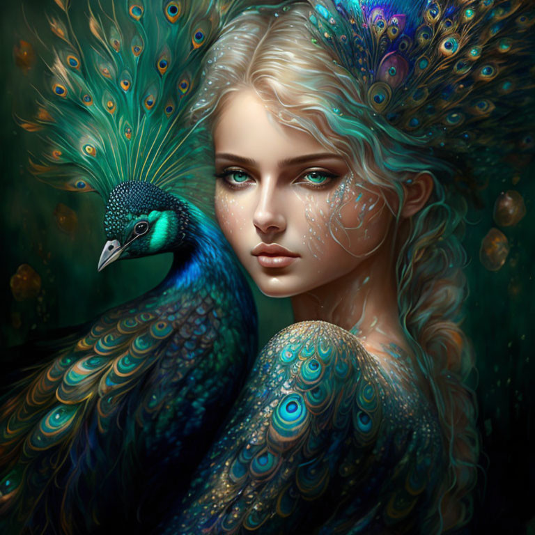 Fantasy illustration of woman with peacock features beside real peacock