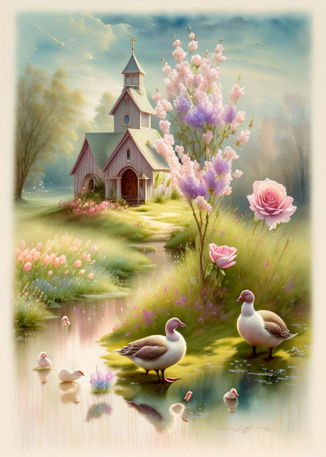 Tranquil pond chapel with ducks, lush greenery, and glowing ambiance