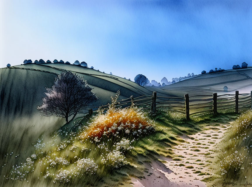 Tranquil watercolor landscape with pathway, wooden fence, rolling hills, trees, and misty