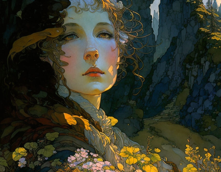 Detailed Art Nouveau Style Woman in Forest with Flowers