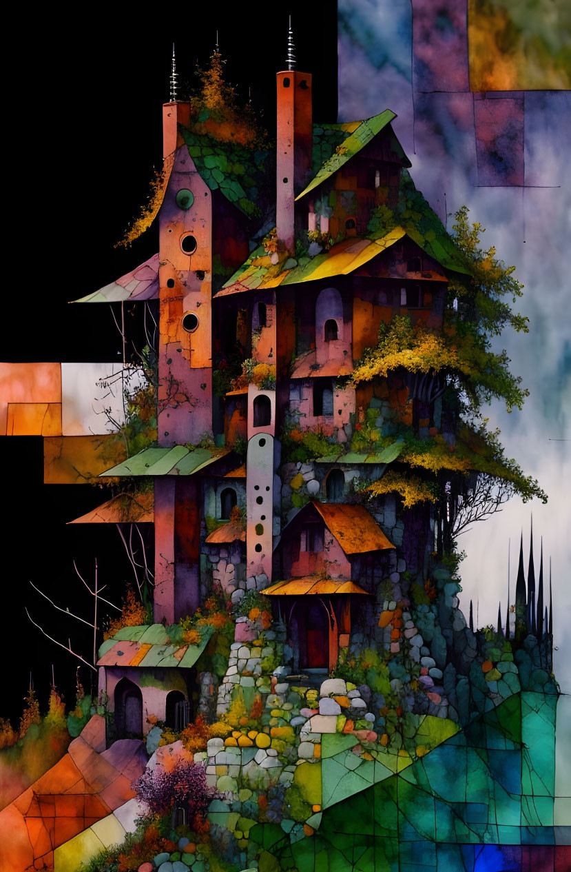 Colorful Painting: Fantastical House with Towering Spires and Lush Trees