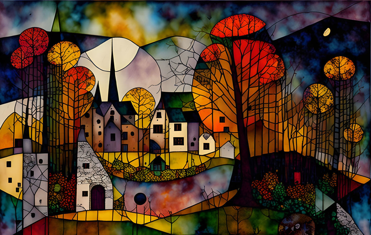 Colorful Stained-Glass Style Village Illustration at Night