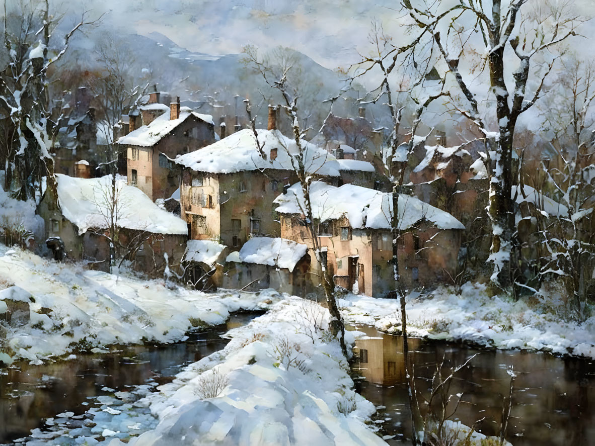 Snow-covered village with traditional houses and river in serene winter scene