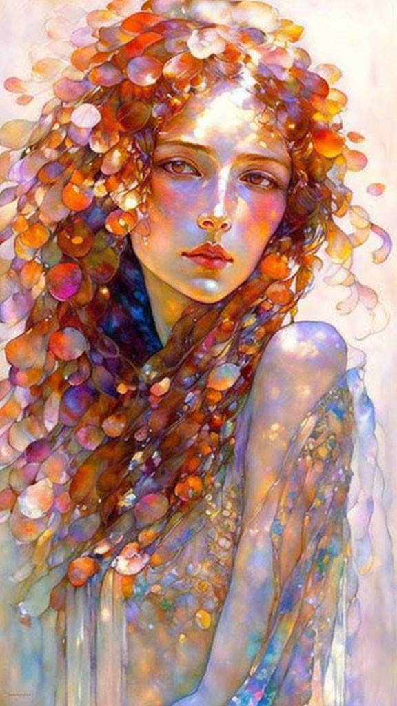 Colorful hair and flowing fabric in ethereal autumn painting