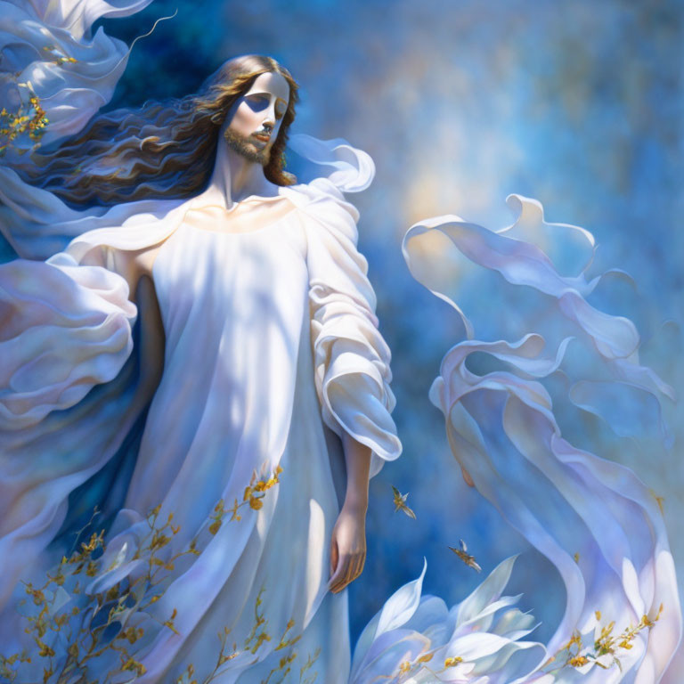 Ethereal figure in flowing robes amidst blossoming branches