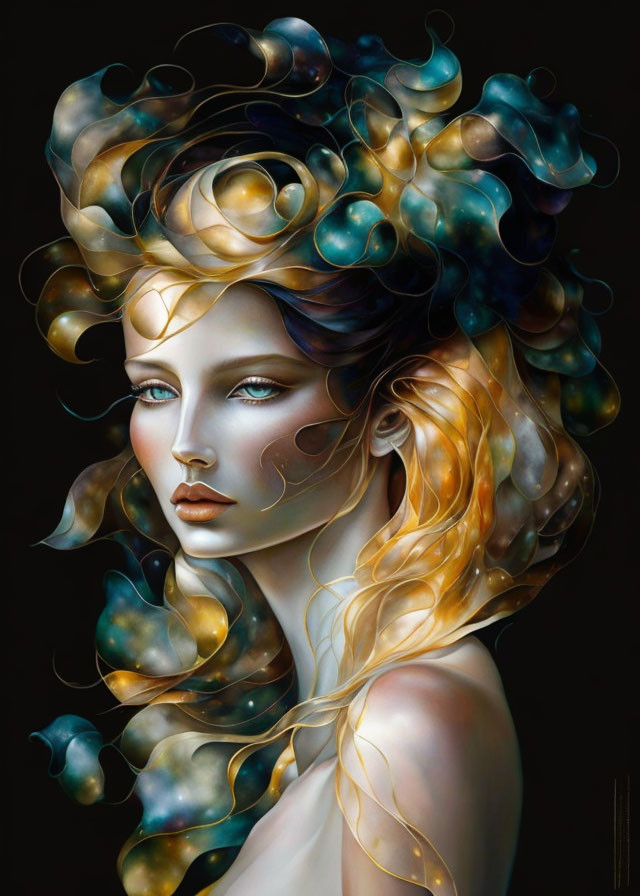 Female portrait with golden and blue cosmic hair on dark background