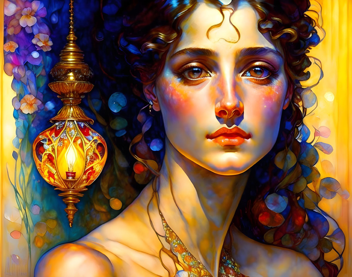 Colorful digital artwork: Woman with curly hair and jewelry by glowing lamp
