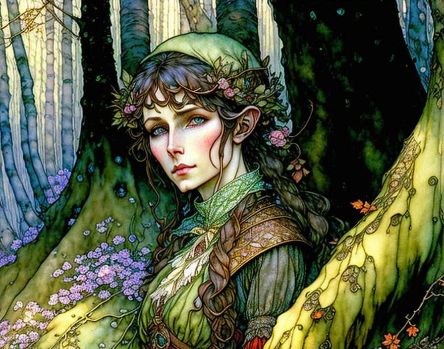 Illustrated female figure with floral wreath in wooded area, nature-inspired colors, fantasy-art style