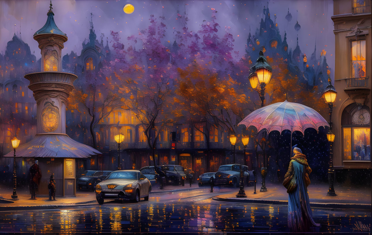 Cityscape: Moody Evening with Street Lamps, Umbrellas, Wet Road, Autumn Leaves, Orn