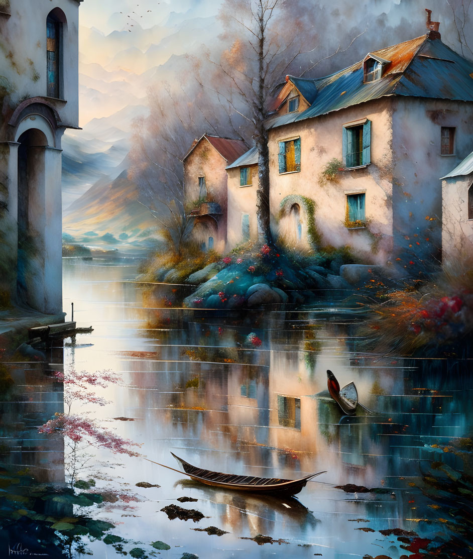 Tranquil scene: boat on reflective water near quaint houses, misty mountains.