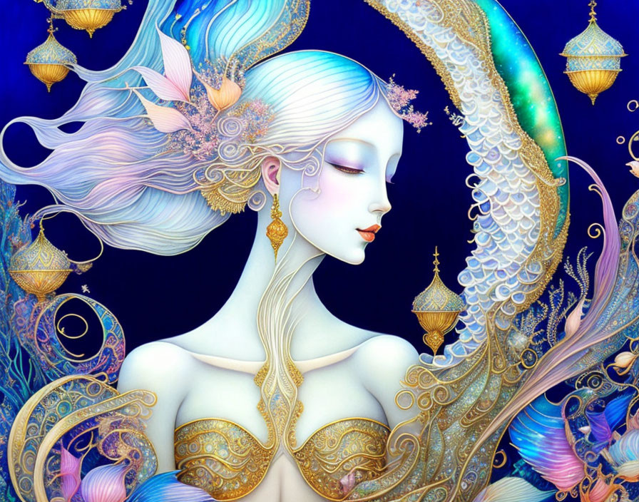 Illustrated ethereal woman in golden attire on blue background