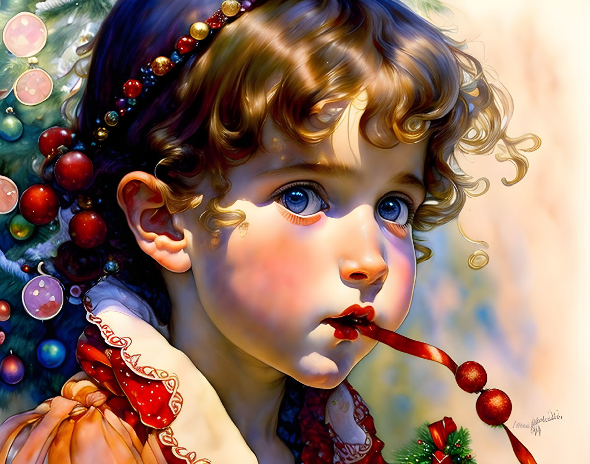 Colorful illustration: Child with curly hair enjoying candy cane in festive setting