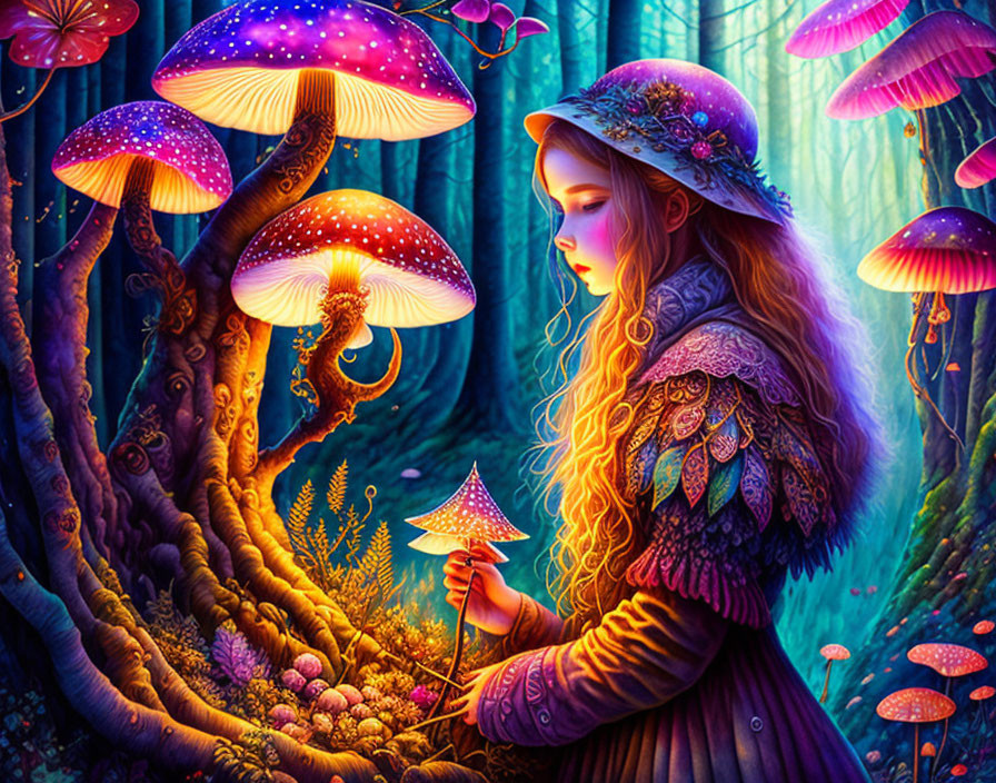 Young girl in fantasy forest with glowing mushrooms and intricate foliage