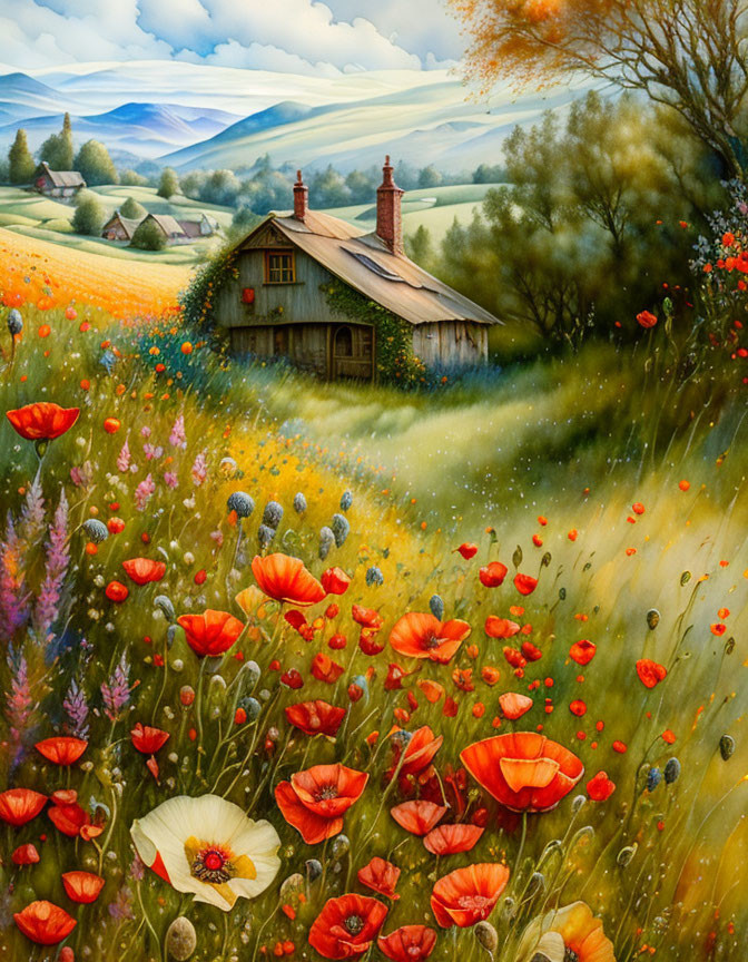 Colorful painting of rustic cottage in blooming field with poppies