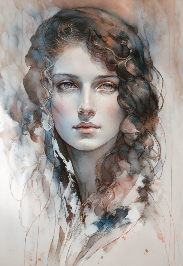Young woman portrait with curly hair in ethereal watercolor tones