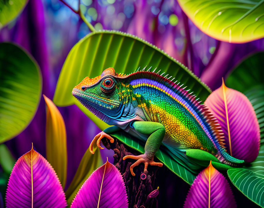 Colorful chameleon on branch with vibrant scales and foliage.