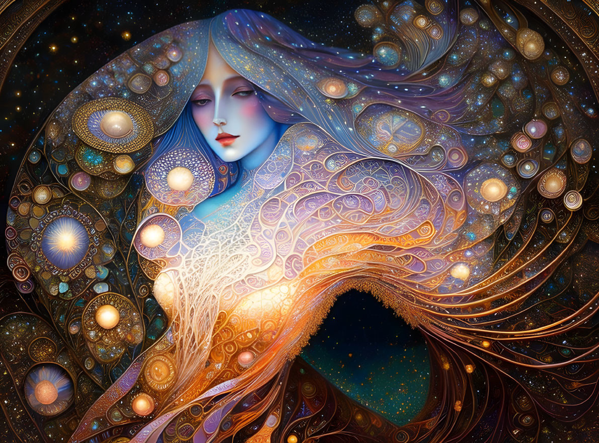 Colorful digital artwork: Woman with ornate hair and cosmic motifs