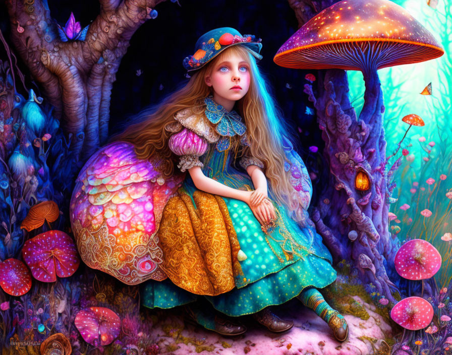 Young girl in blue dress with hat beside glowing mushroom in vibrant fantasy forest