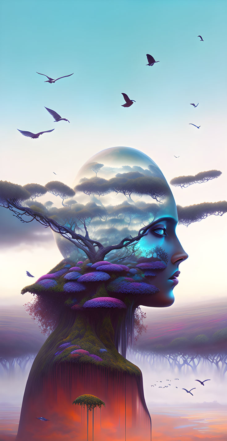 Surreal female figure with transparent head filled with landscape and birds in mystical backdrop