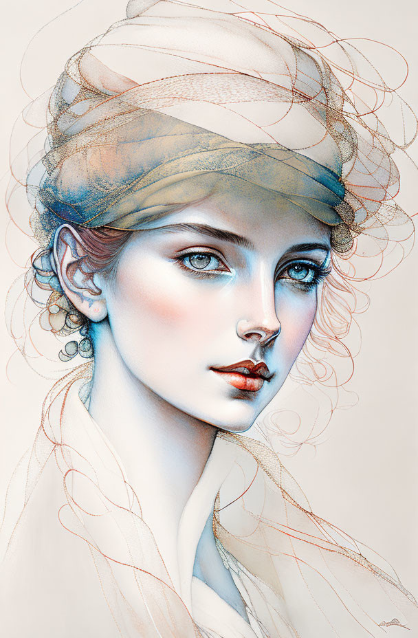 Woman with Blue Eyes and Headscarf: Elegant Illustration with Subtle Makeup