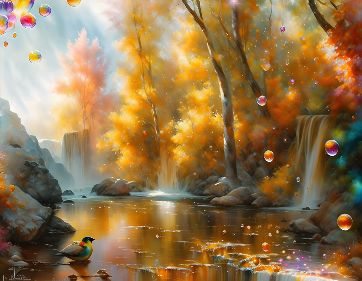 Vibrant autumn landscape with colorful trees, waterfall, bubbles, and bird in golden light