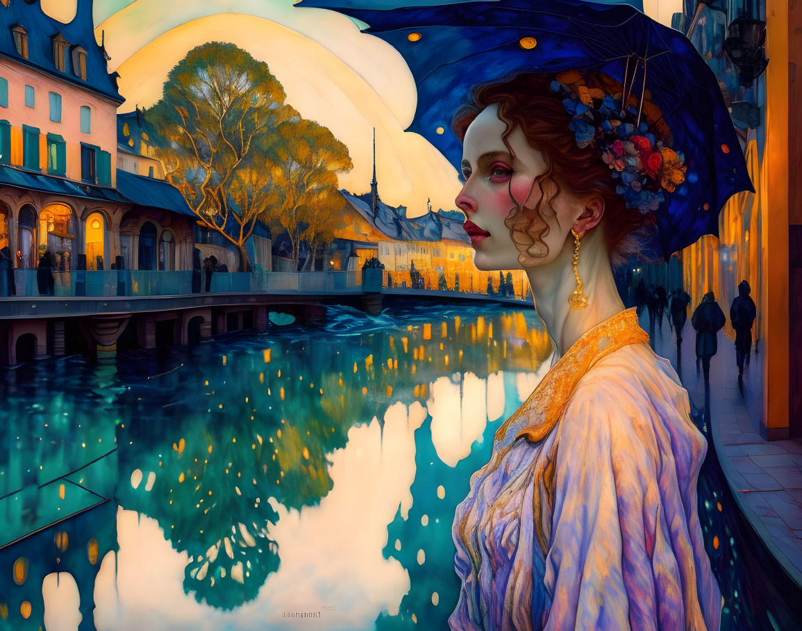 Stylized portrait of woman with red hair and blue hat against cityscape and river at dusk