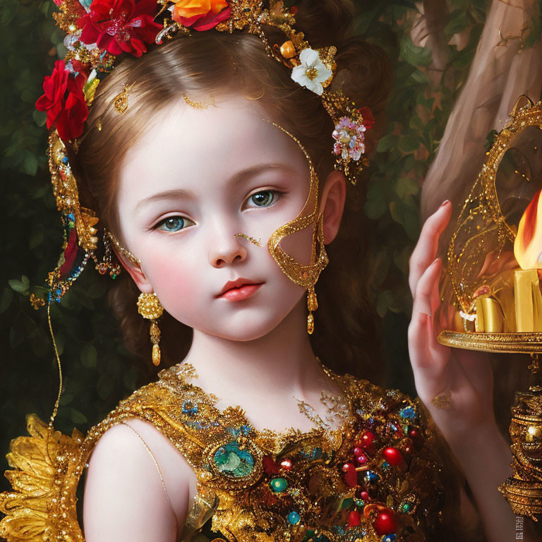 Young girl adorned with jewelry and floral headpiece holding a candle lamp in classical art style