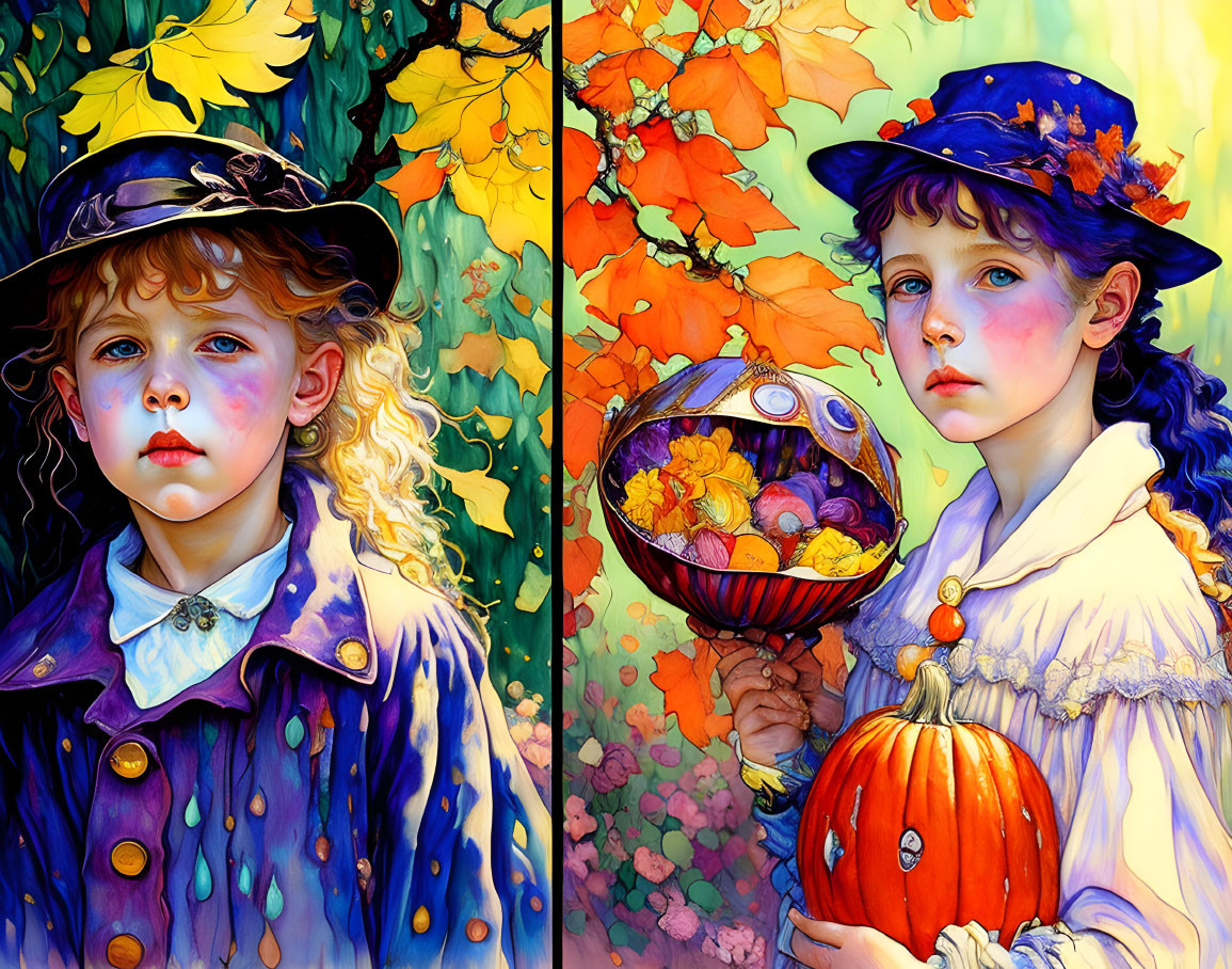 Vintage-clad children with autumn items in front of vibrant fall leaves