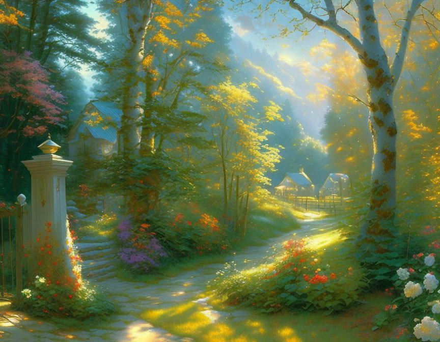 Tranquil forest path with vibrant foliage and cozy cottage in enchanting woodland