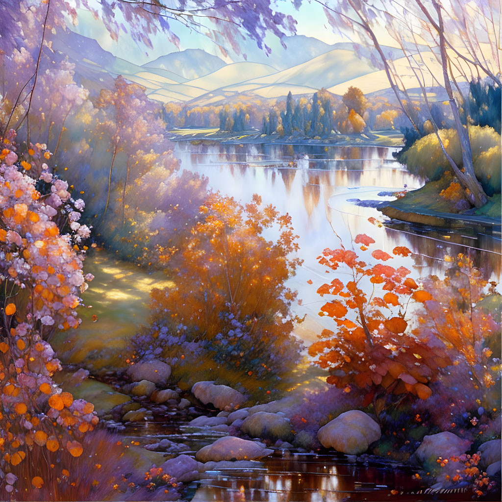 Scenic autumn river landscape with orange and purple foliage.