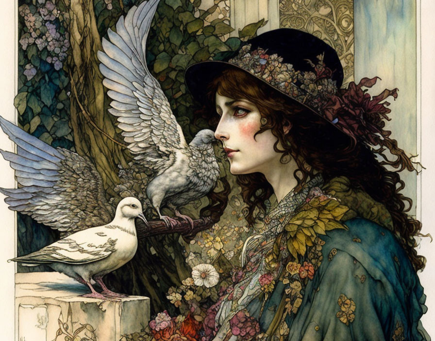 Detailed illustration of woman in floral garment and hat with pigeons, surrounded by foliage