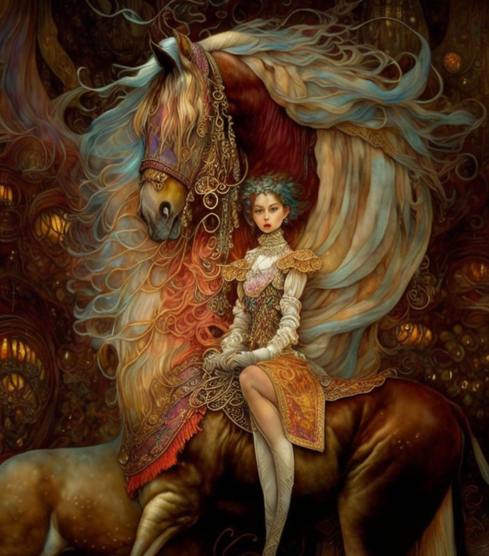 Fantasy image: Pale-skinned woman in elaborate clothing on majestic brown horse