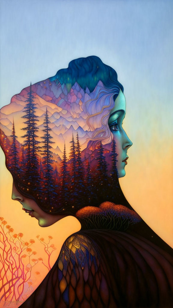 Woman's profile with integrated landscape in hair: trees, mountains, sunset colors