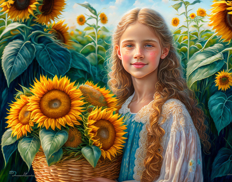 Young girl with long wavy hair in sunflower field with basket of sunflowers