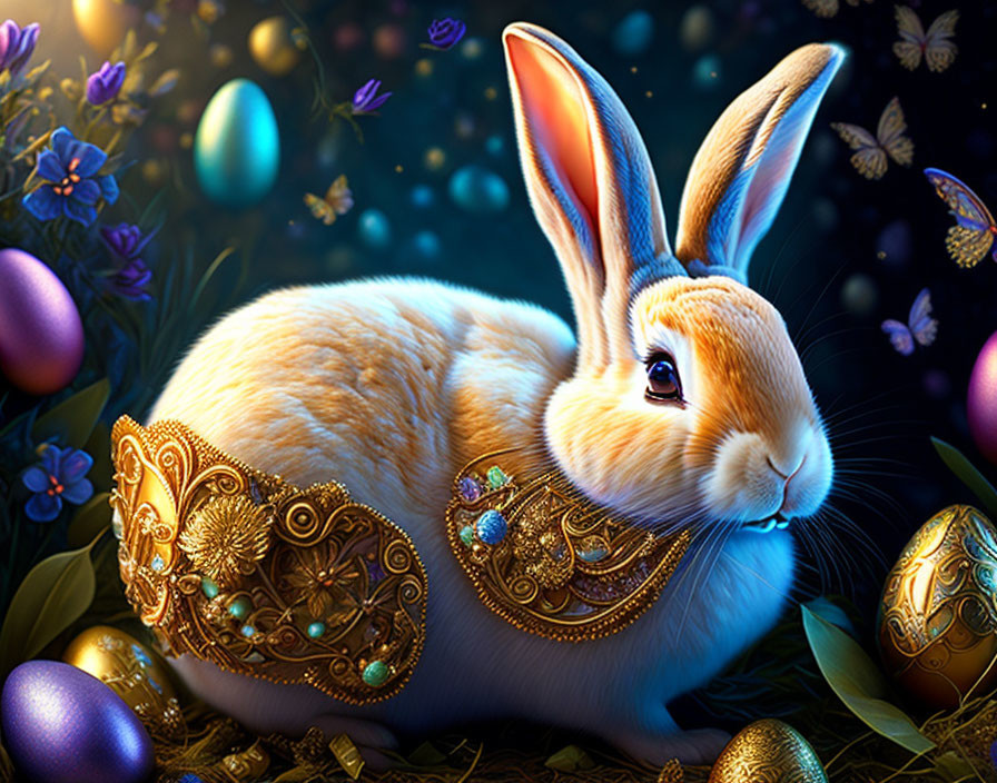 Golden bunny with Easter eggs and butterflies on dark background