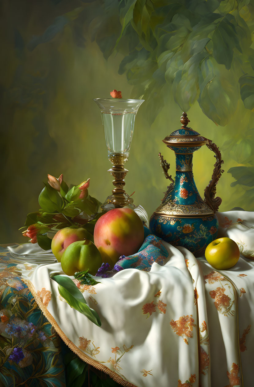 Ornate lantern, flower glass, fruits on embroidered cloth in still life