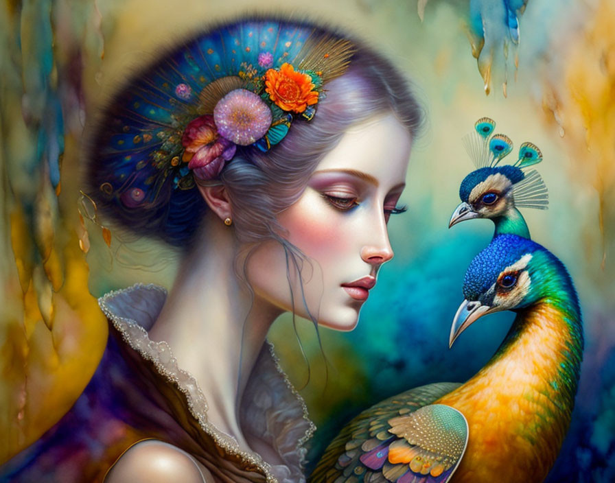 Vibrant peacock-themed woman portrait with live bird in dreamy setting