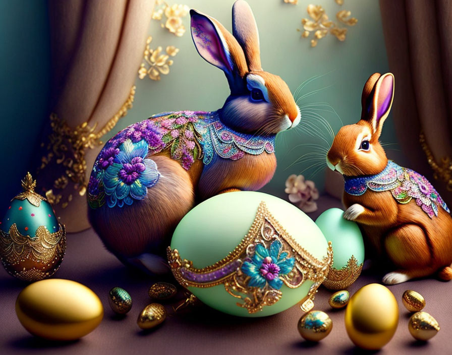 Ornate rabbits with jeweled harnesses and Easter eggs on draped background