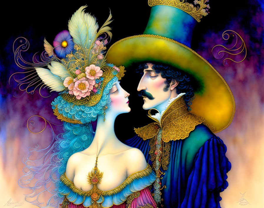 Victorian-era man and woman in colorful illustration