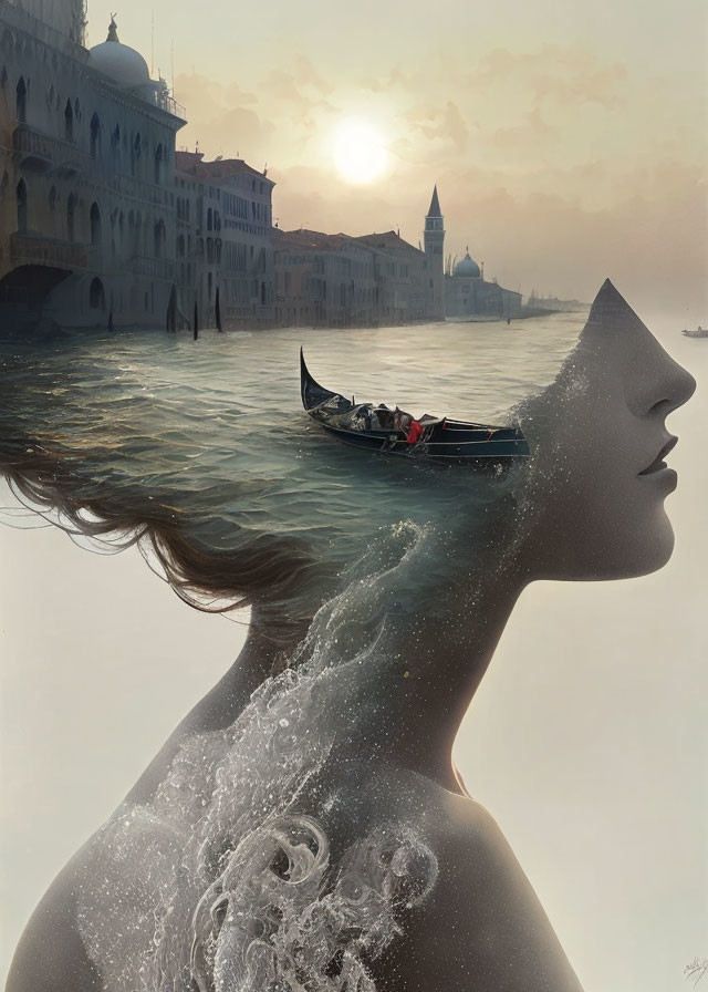 Woman's profile merging with seascape and gondola under Venice sunset