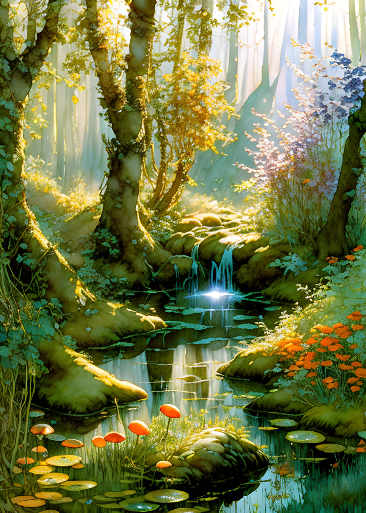 Tranquil forest scene with brook, mossy stones, flowers, and sunlight