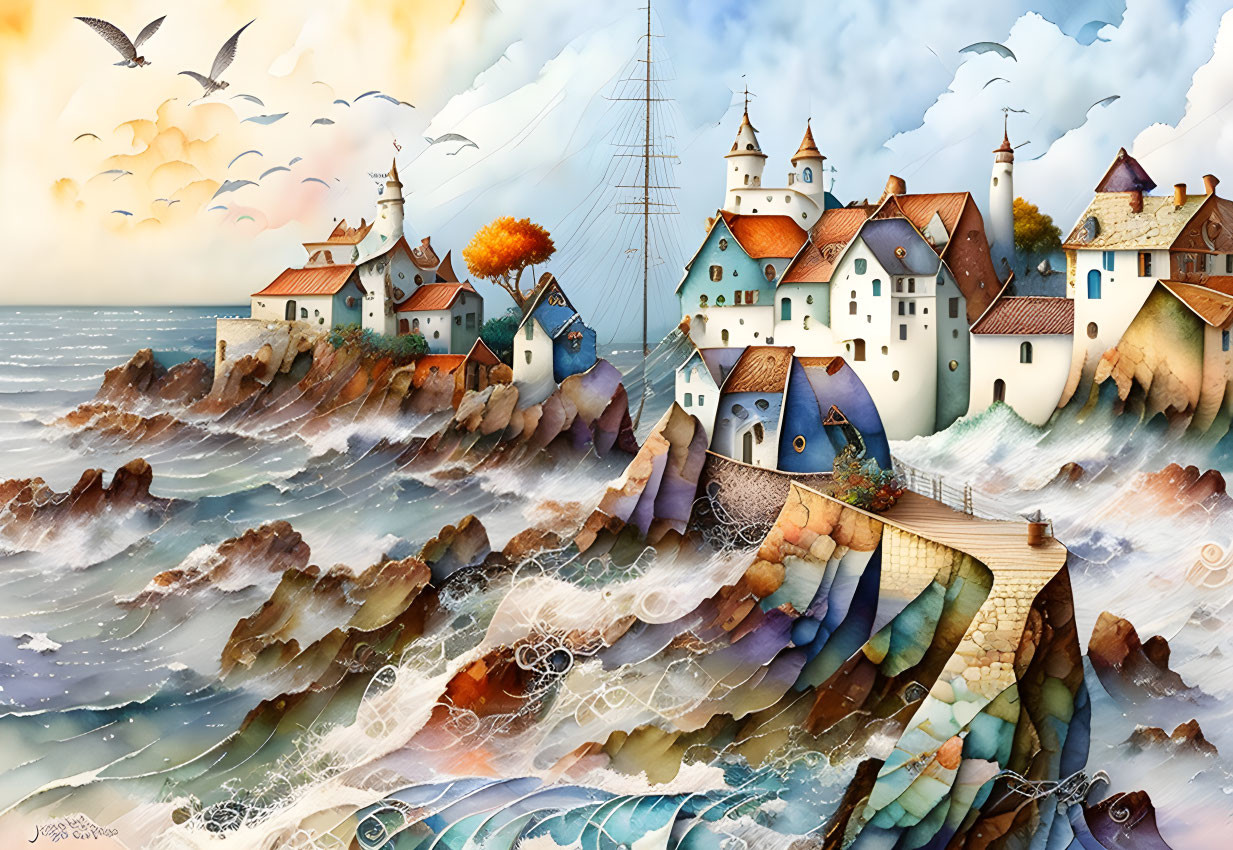 Colorful Coastal Village with Sailboat and Seagulls on Rocky Cliffs