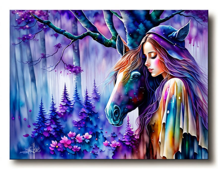 Woman and horse in whimsical forest with mystical atmosphere