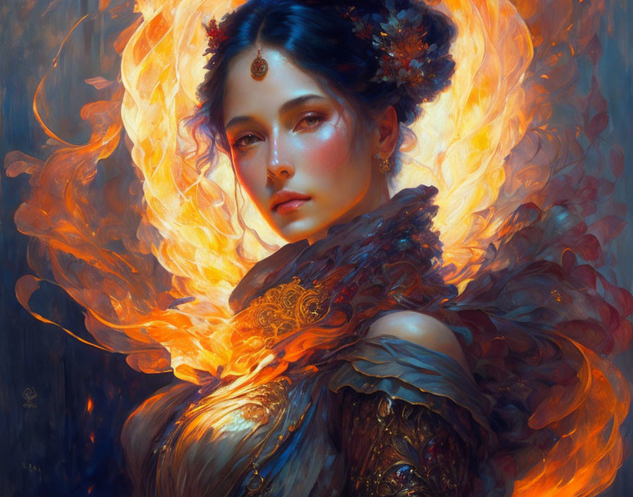 Ethereal woman with fiery aura and regal attire