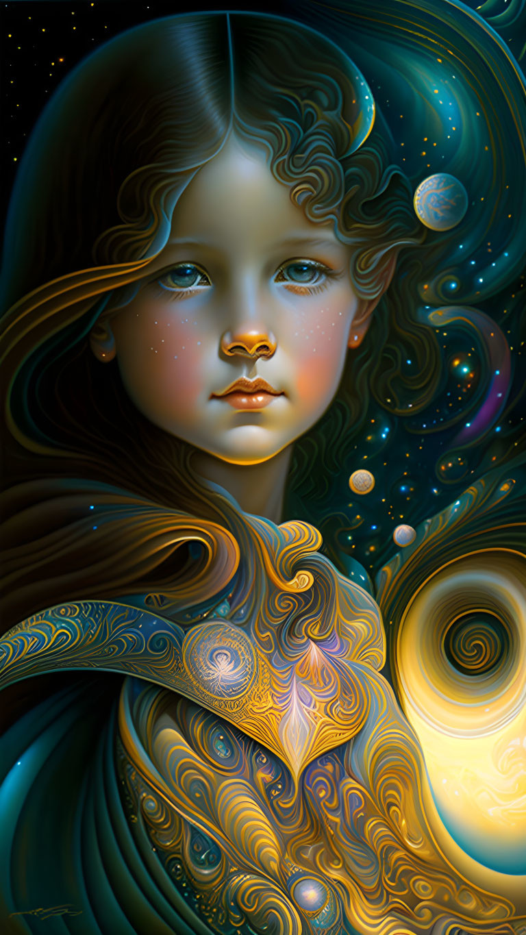 Stylized digital artwork of young girl with cosmic motifs