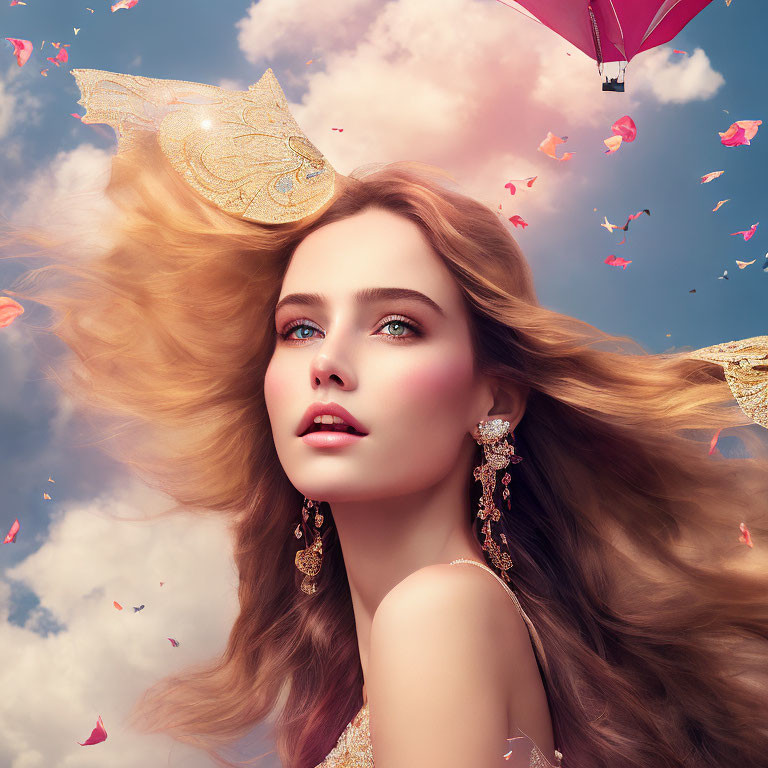 Woman with Golden Hair and Blue Eyes Beside Red Umbrella and Fluttering Petals