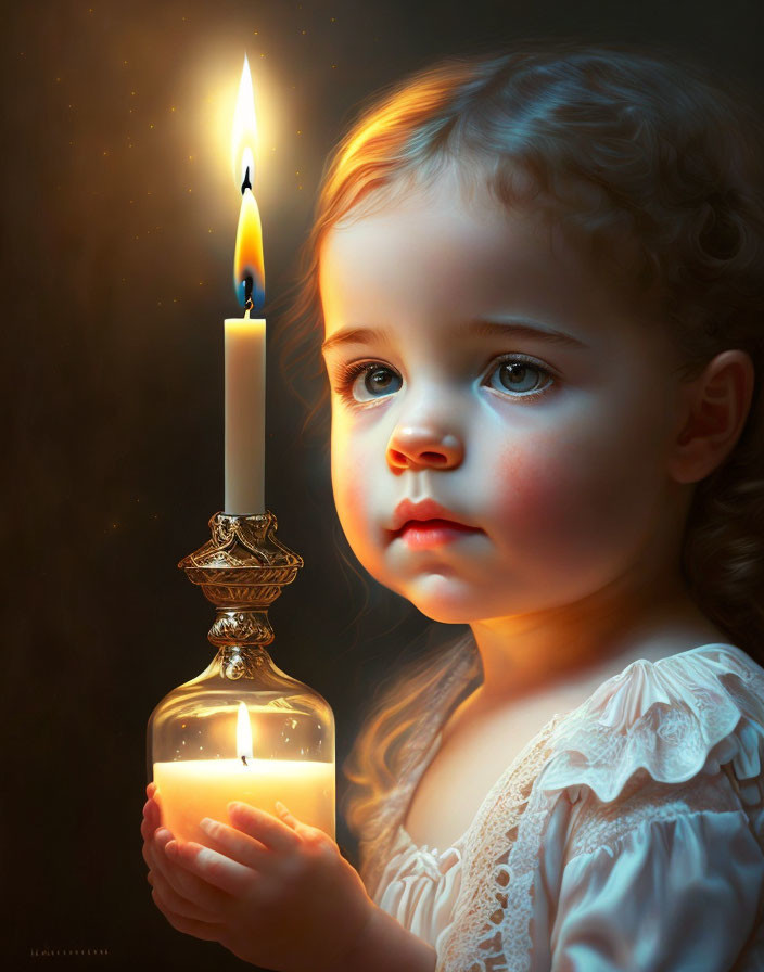 Child with Large Eyes Holding Lit Candle in Dark Background