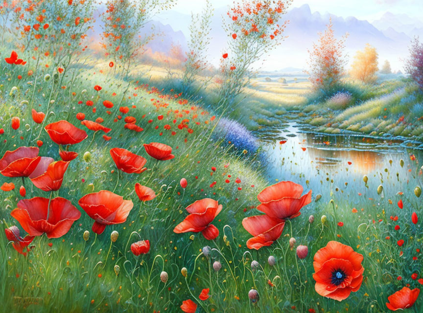 Landscape with red poppies