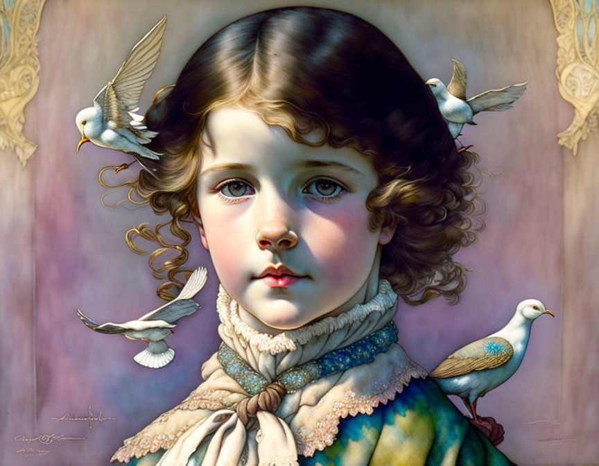 Vintage-style painting of child with curly hair and doves